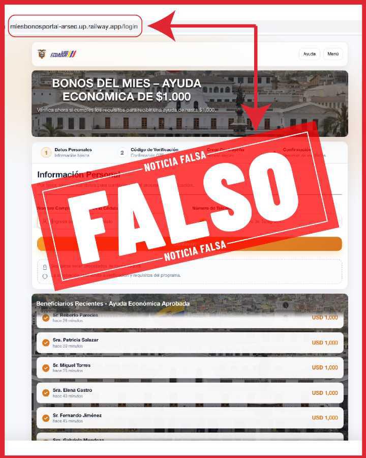 $!Las autoridades advierten que ningún bono se gestiona fuera de dominios “.gob.ec”.