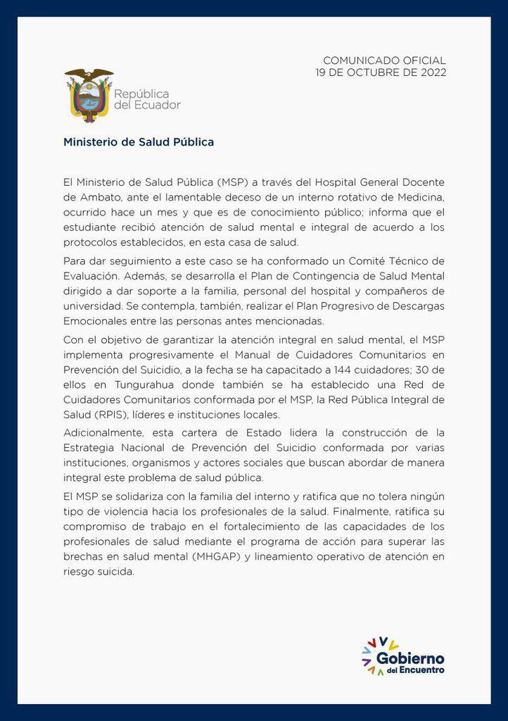 $!Interno de medicina se quitó la vida por acoso laboral; MSP dice que brindó atención