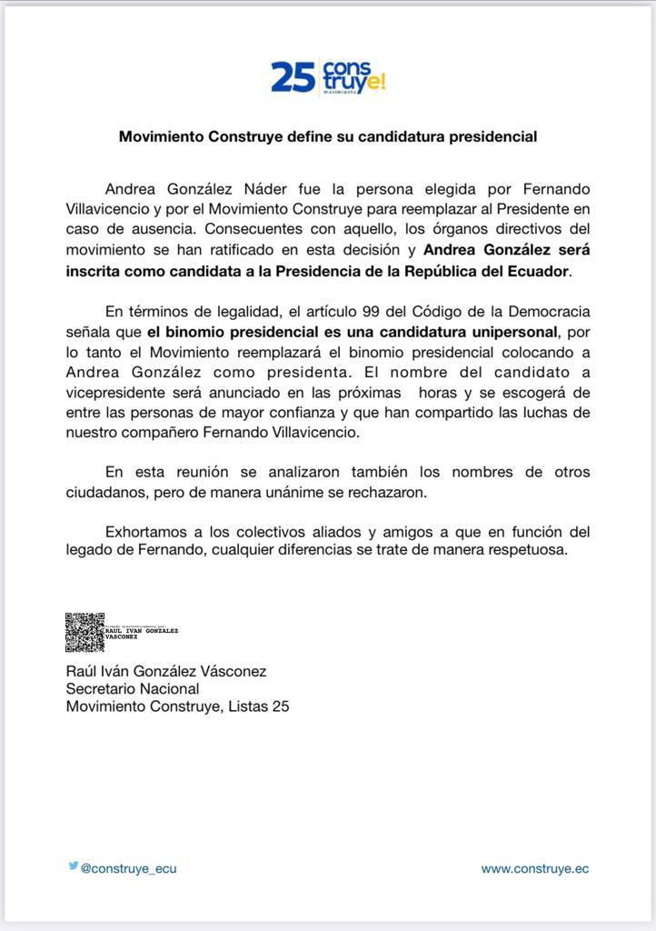 $!Comunicado del Movimiento Construye sobre la designación de Andrea González Nader como candidata presidencial, en reemplazo de Fernando Villavicencio.
