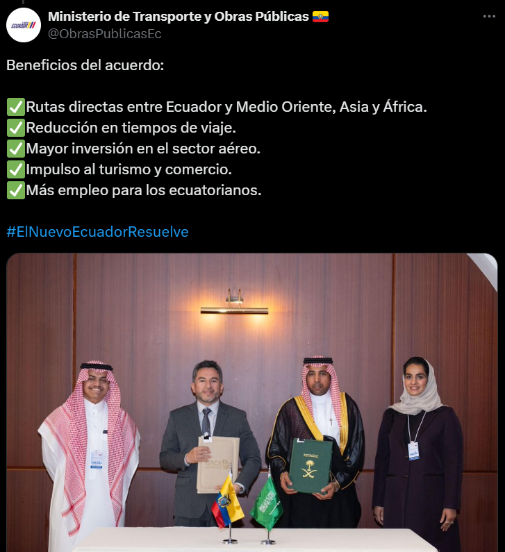$!Ecuador y Arabia Saudita firman acuerdo para vuelos directos, nuevas rutas y otros beneficios