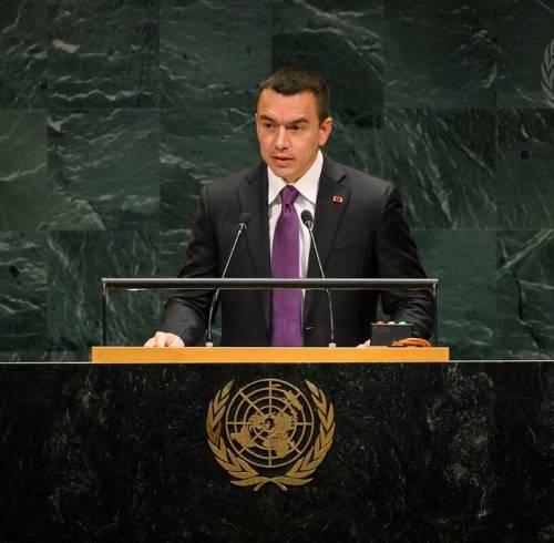 El presidente Daniel Noboa durante su intervención en la Asamblea General de la ONU.
