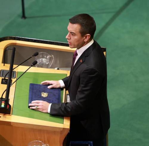 El presidente Daniel Noboa durante su intervención en la Asamblea General de la ONU.