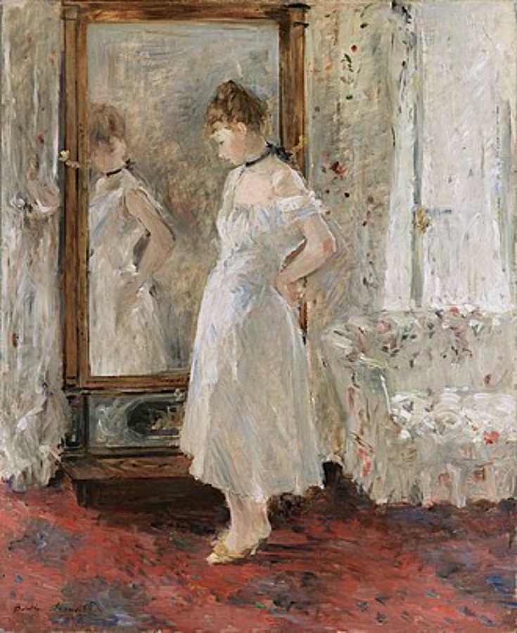 $!La psique (1876) cuadro de Berthe, óleo sobre lienzo, retrata a una mujer arreglándose en su toilette frente aun espejo.