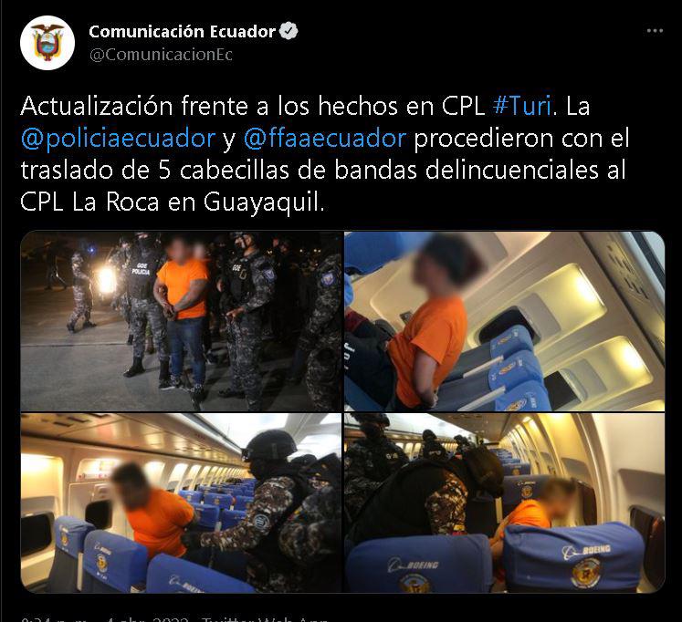 $!Cinco cabecillas de bandas delictivas en la cárcel de El Turi son trasladados a La Roca, en Guayaquil