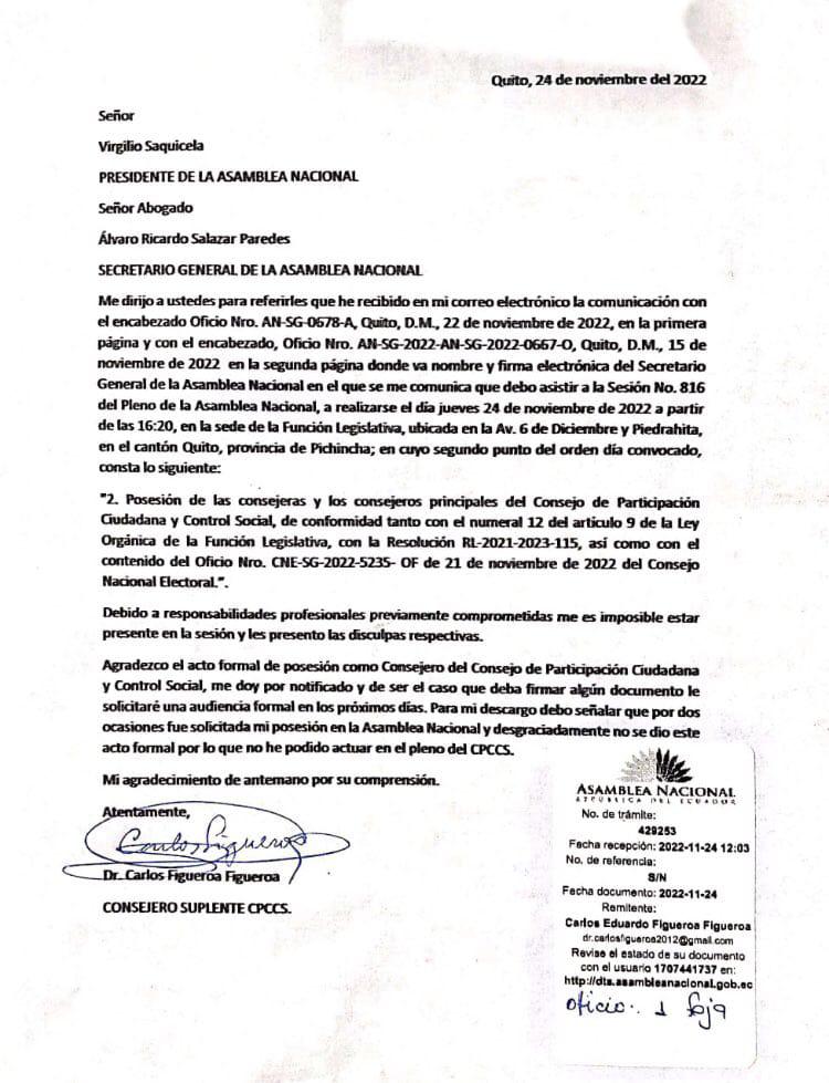 $!Comunicado de Carlos Figueroa en torno a su abstención, dirigido al presidente dle Legislativo, Virgilio Saquicela.