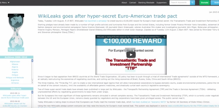 Wikileaks: USD 110.000 por datos sobre acuerdo EE.UU-UE
