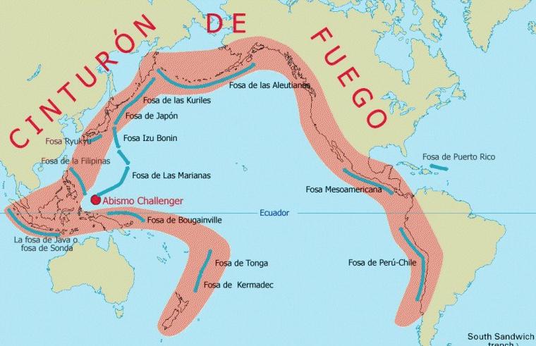 $!Sobre la línea naranja se resalta la ubicación del denominado Cinturón de Fuego.