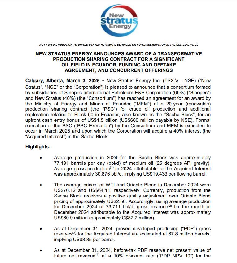 $!Captura de pantalla del anuncio de la concesión sobre Sacha ealizada por New Stratus Energy.