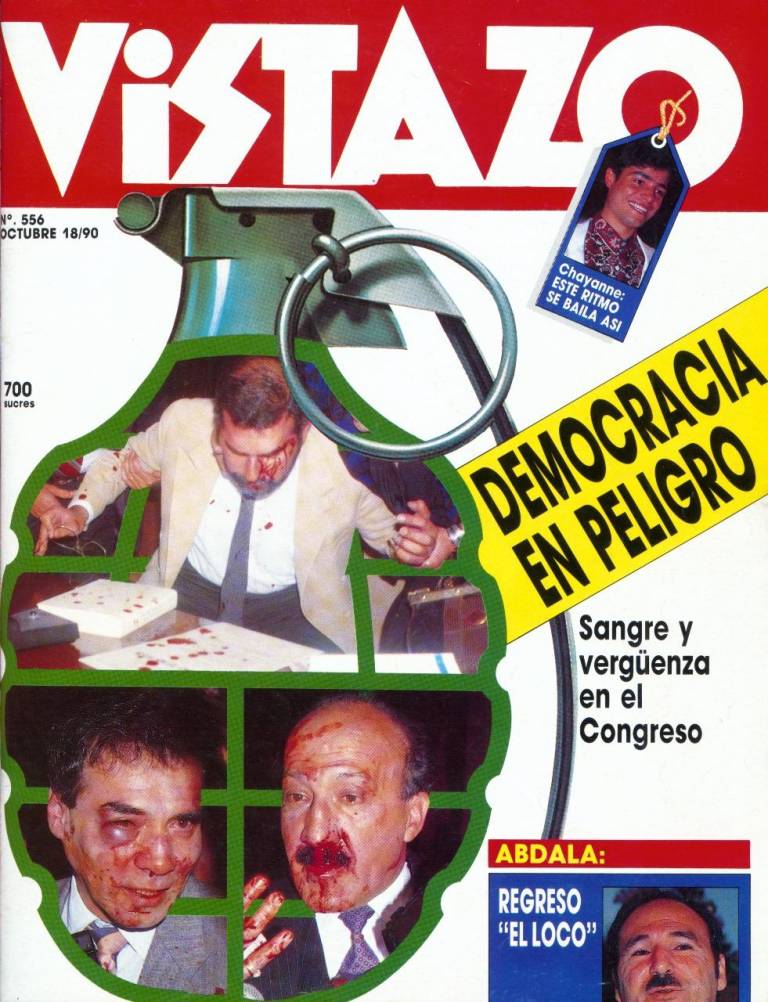 $!Portada de Vistazo en 1990 en la que varios diputados, incluido Alberto Dahik, fueron agredidos por colegas en el recinto parlamentario.