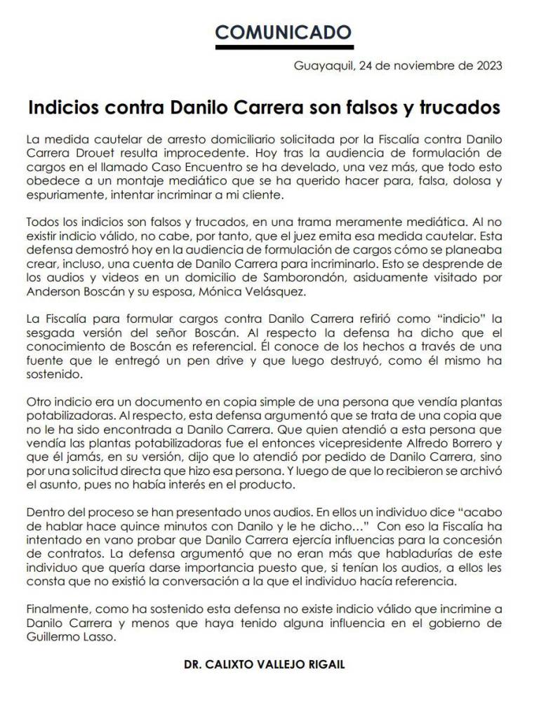 $!Defensa de Danilo Carrera se pronuncia tras pedido de arresto domiciliario en su contra por parte de Fiscalía