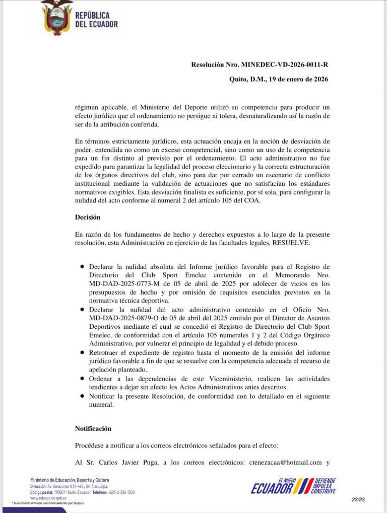 $!Resolución del Ministerio del Deporte que deja sin efecto el registro del Directorio de Emelec.