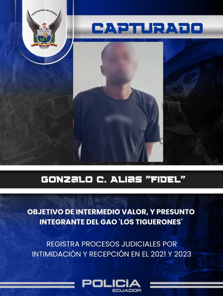 $!Capturan a alias 'Fidel', objetivo de alto valor, y desarticulan red criminal vinculada a 'Los Tiguerones' en Esmeraldas