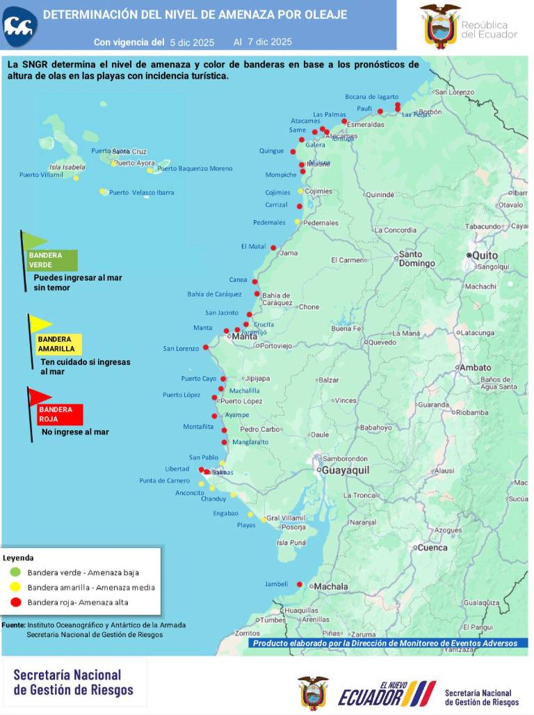$!Ecuador emite alerta por oleaje: 29 playas con nivel alto y 12 con nivel medio