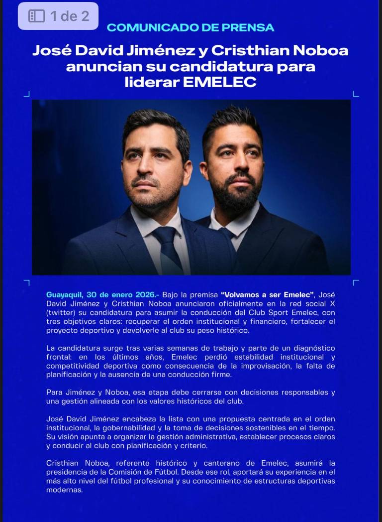 $!Con estas palabras, Jiménez y Noboa oficialmente irán por la dirigencia del C.S Emelec.