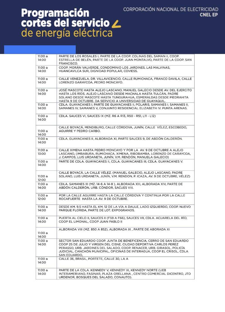 $!Horarios de cortes de luz en Quito y Guayaquil, desde este viernes 27 de octubre