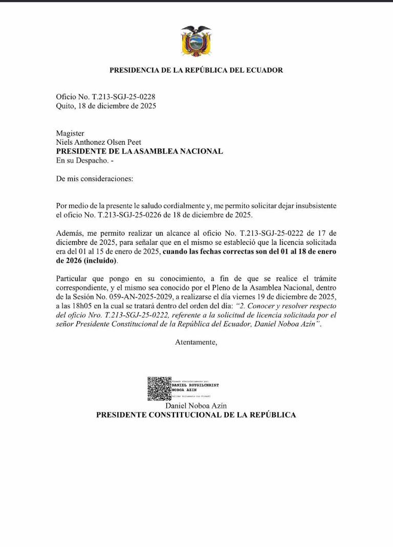 $!Daniel Noboa extiende sus vacaciones: aclara que su pedido de licencia es hasta el 18 de enero de 2026