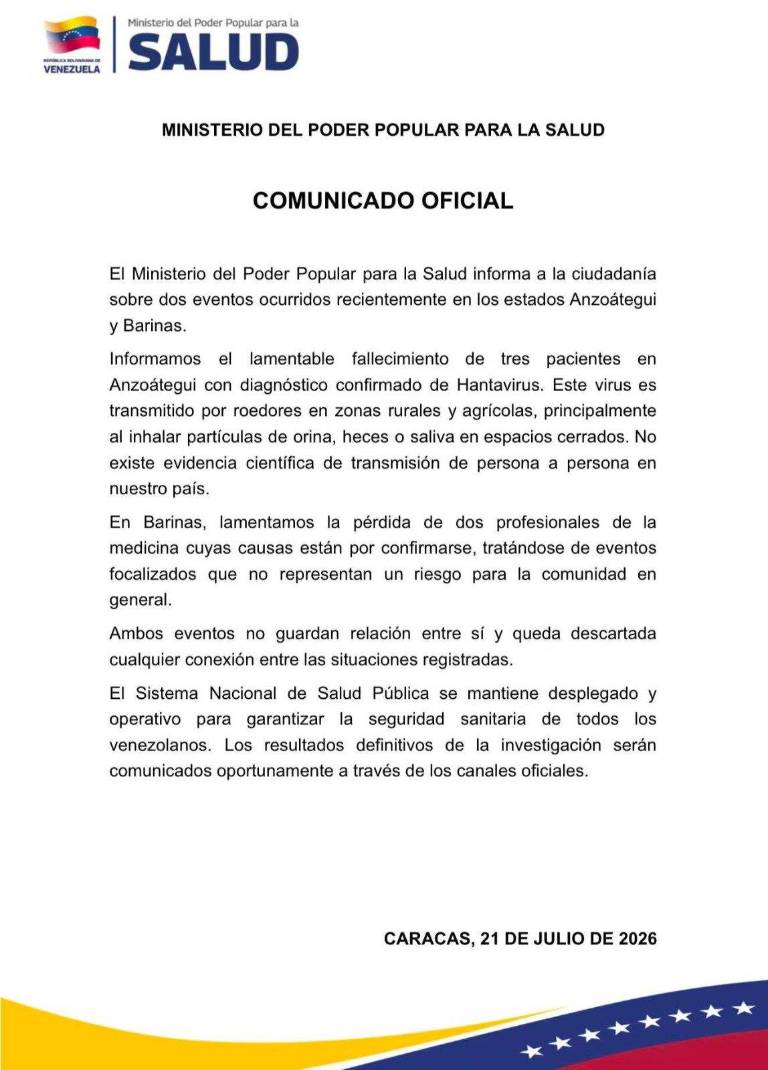 $!Imagen del comunicado publicado por el ministerio de salud venezolano a través de redes sociales.