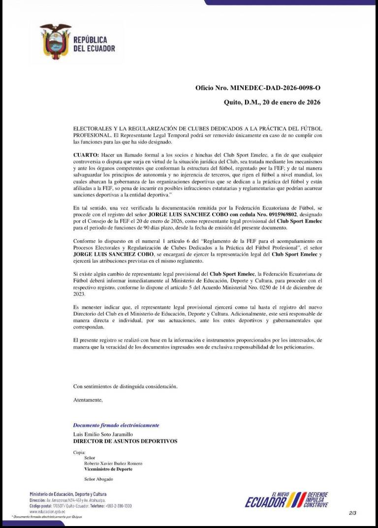 $!Oficio del Ministerio del Deporte que habilita a Jorge Luis Sánchez Cobo como representante legal provisional de Emelec.