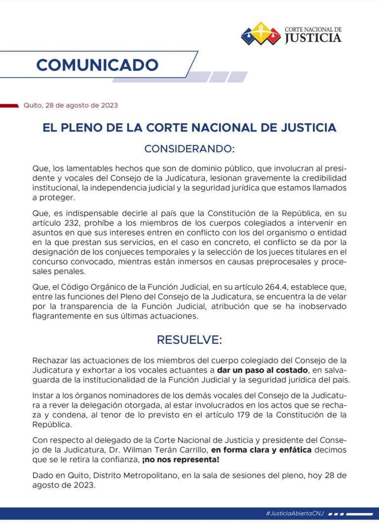 $!Ya no nos representa: Corte Nacional de Justicia le retiró la confianza al presidente del Consejo de la Judicatura, Wilman Terán
