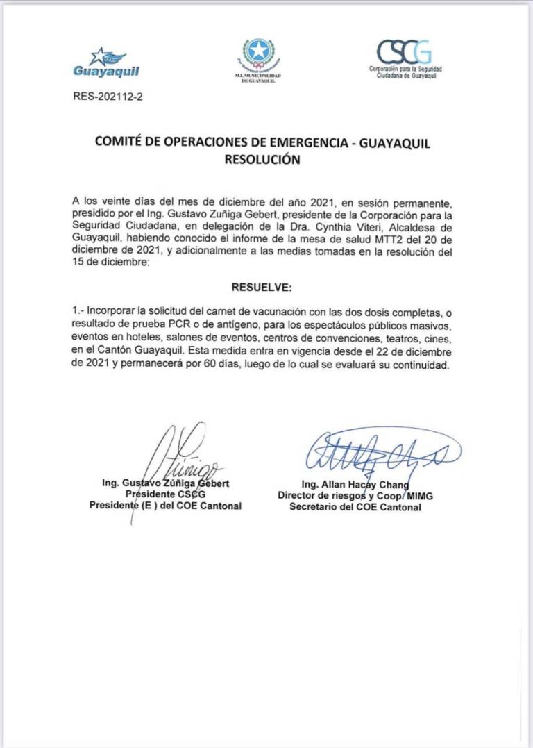 $!Guayaquil exigirá carné de vacunación o prueba PCR para ingresar a eventos masivos