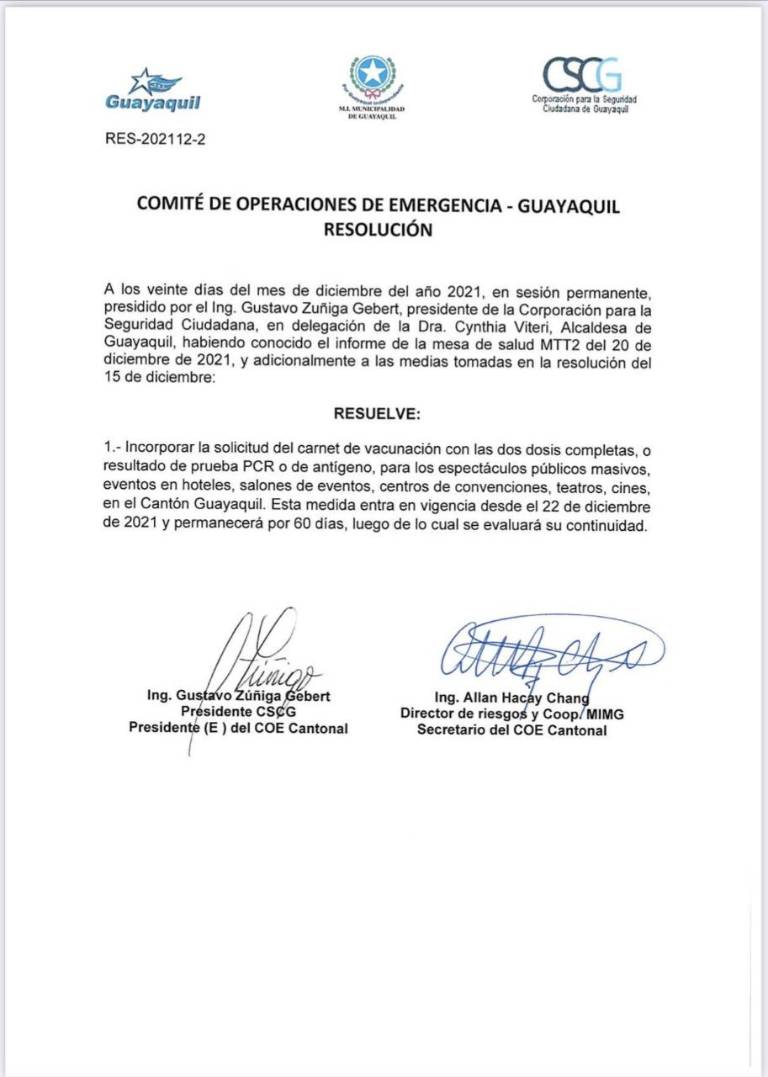 $!Guayaquil exigirá carné de vacunación o prueba PCR para ingresar a eventos masivos