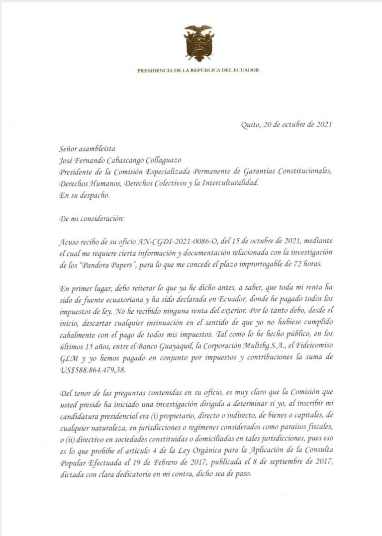 $!Lasso informa que no acudirá a la Comisión que investiga 'Papeles de Pandora': ¿qué dice la carta del presidente?