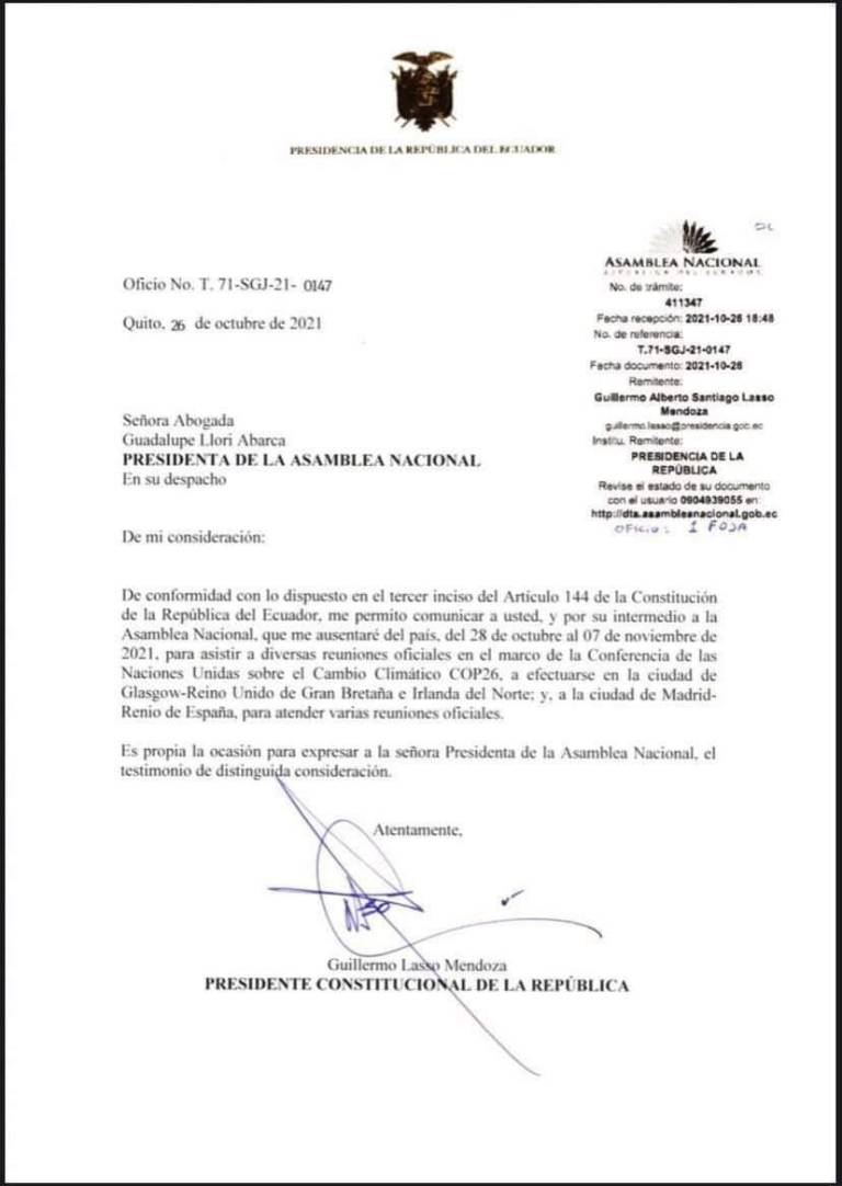 $!Lasso notifica su salida del país a la Asamblea Nacional por reuniones oficiales