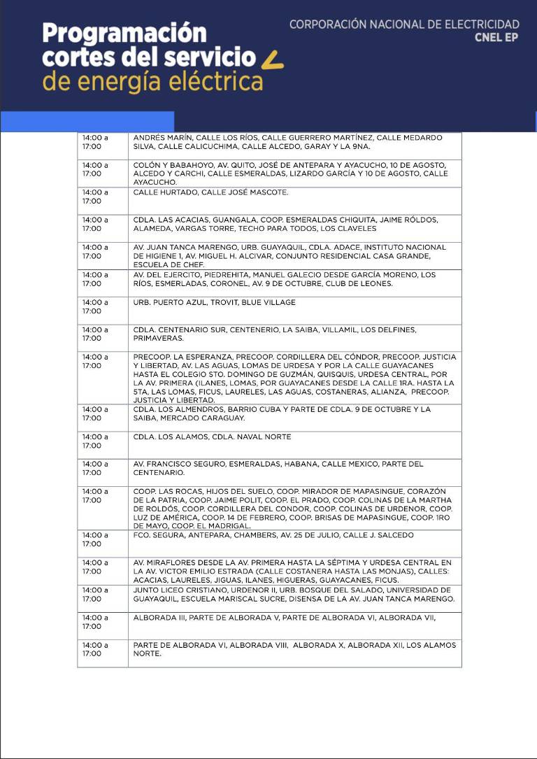 $!Horarios de cortes de luz en Quito y Guayaquil, desde este viernes 27 de octubre