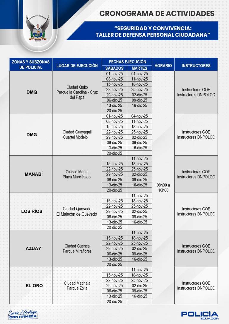 $!Cronograma de talleres de defensa personal compartido por la Policía Nacional.