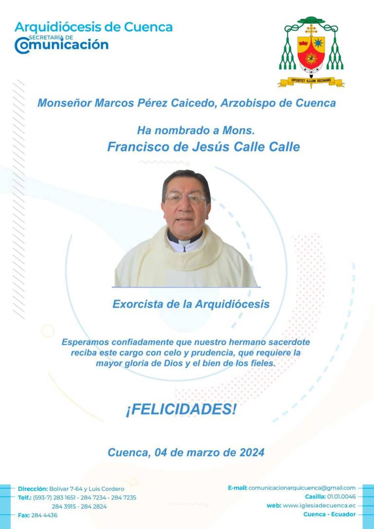 $!Francisco Calle asumió como exorcista de la Arquidiócesis de Cuenca: Es una labor bastante delicada