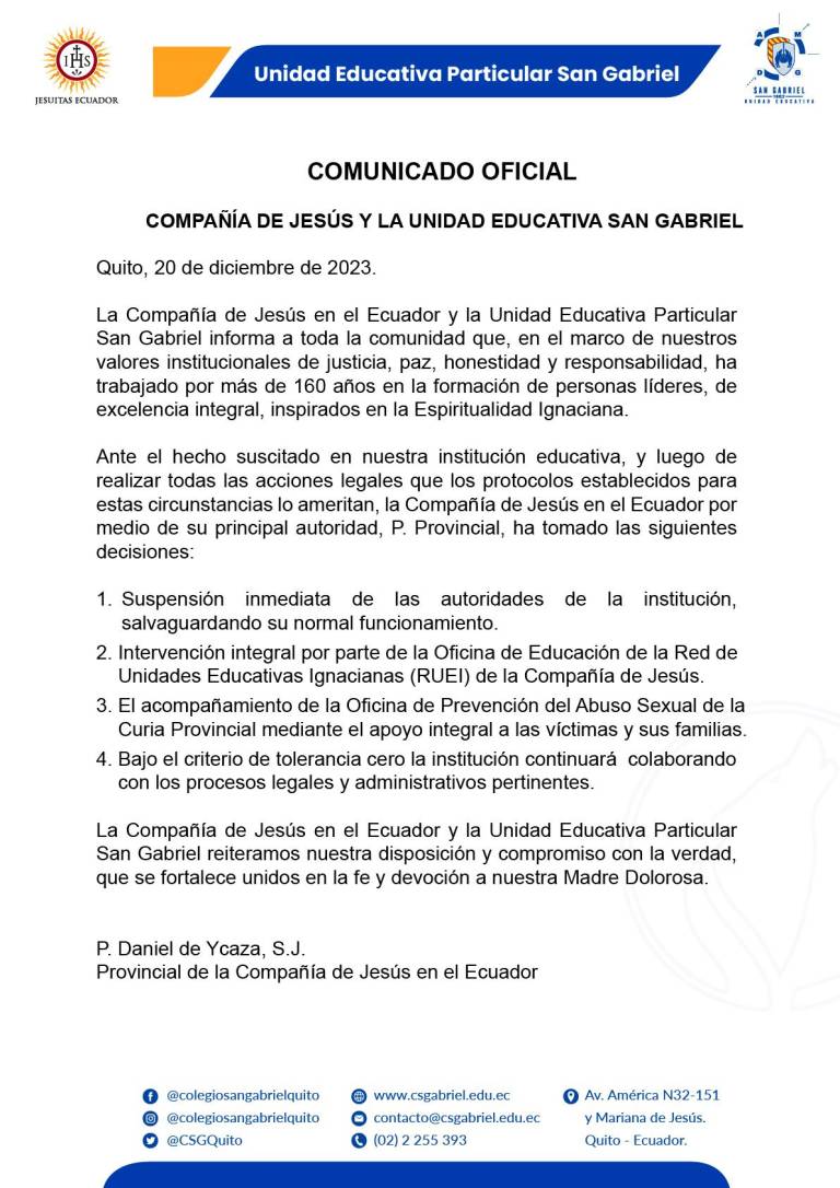 $!Colegio San Gabriel de Quito suspende a todas sus autoridades tras presunto caso de abuso sexual