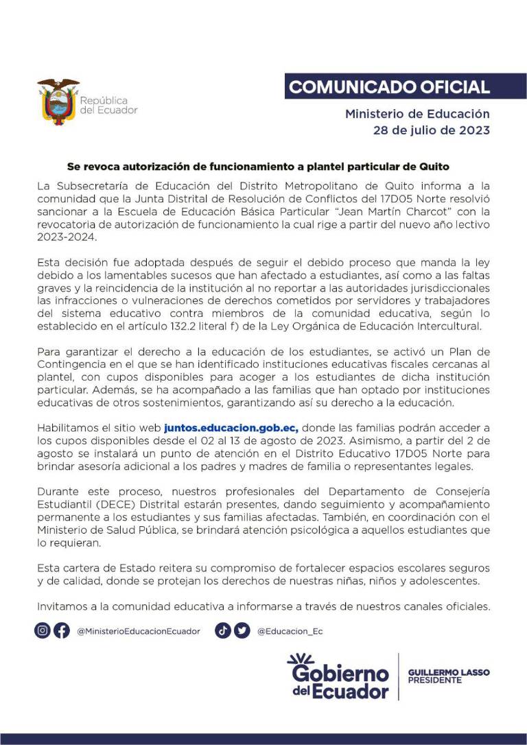 $!Clausuran una escuela en el norte de Quito por caso de presuntos abusos sexuales en contra de alumnos