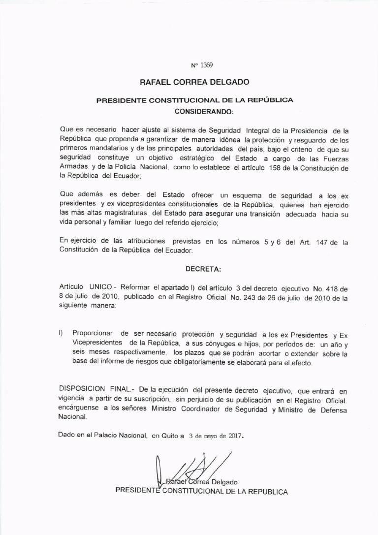 $!Decreto 1369 firmado por el expresidente Rafael Correa.