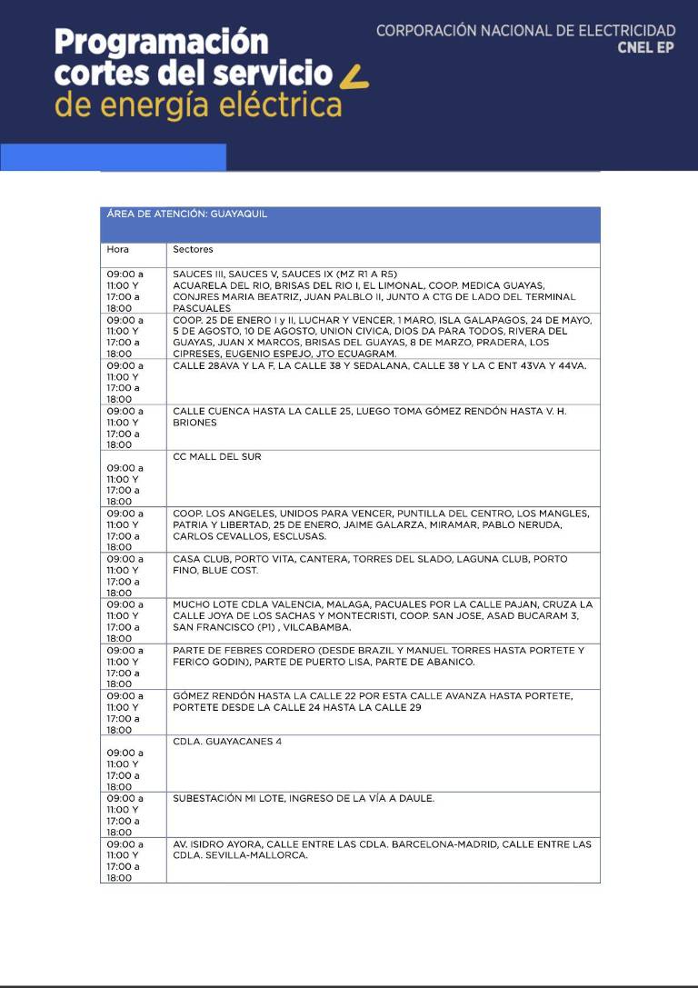 $!Horarios de cortes de luz en Quito y Guayaquil, desde este viernes 27 de octubre