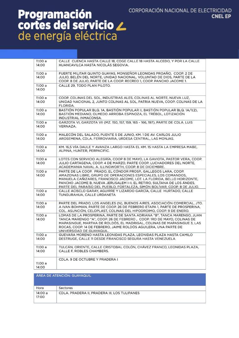 $!Horarios de cortes de luz en Quito y Guayaquil, desde este viernes 27 de octubre