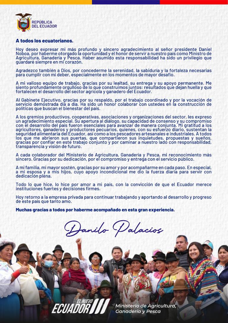 $!Danilo Palacios abandona el Ministerio de Agricultura: esta es su carta de despedida