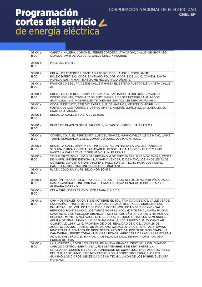 $!Horarios de cortes de luz en Quito y Guayaquil, desde este viernes 27 de octubre