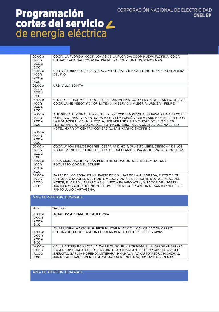 $!Horarios de cortes de luz en Quito y Guayaquil, desde este viernes 27 de octubre