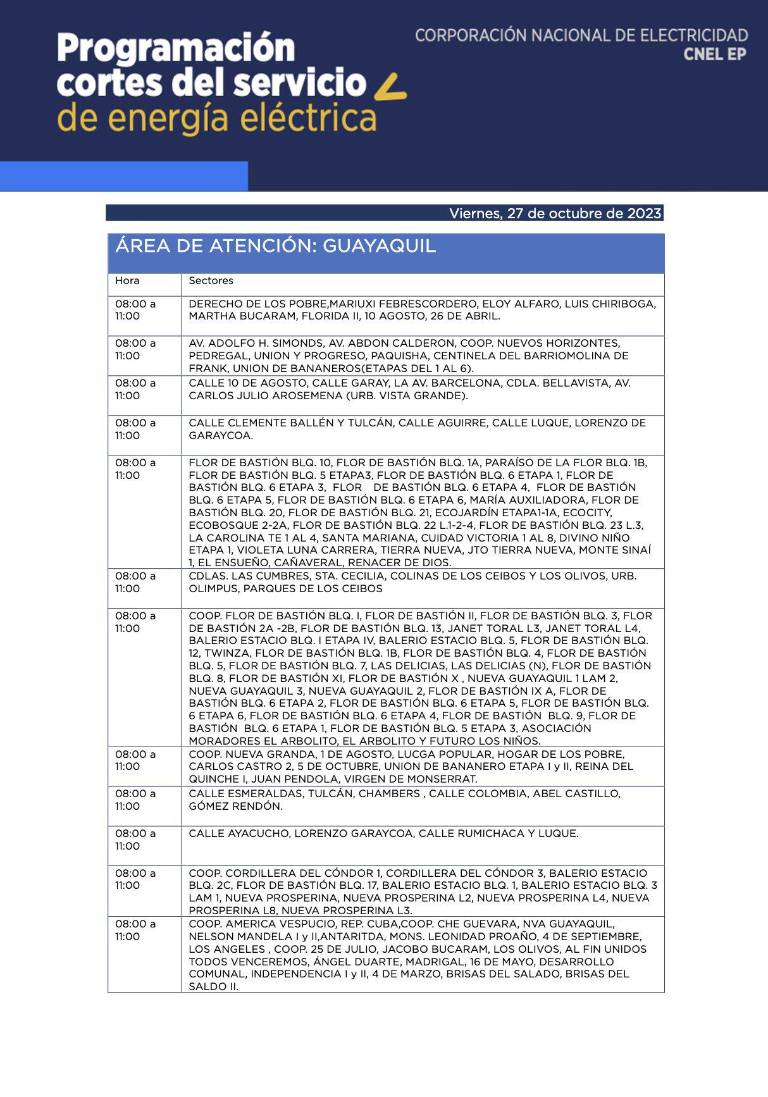 $!Horarios de cortes de luz en Quito y Guayaquil, desde este viernes 27 de octubre