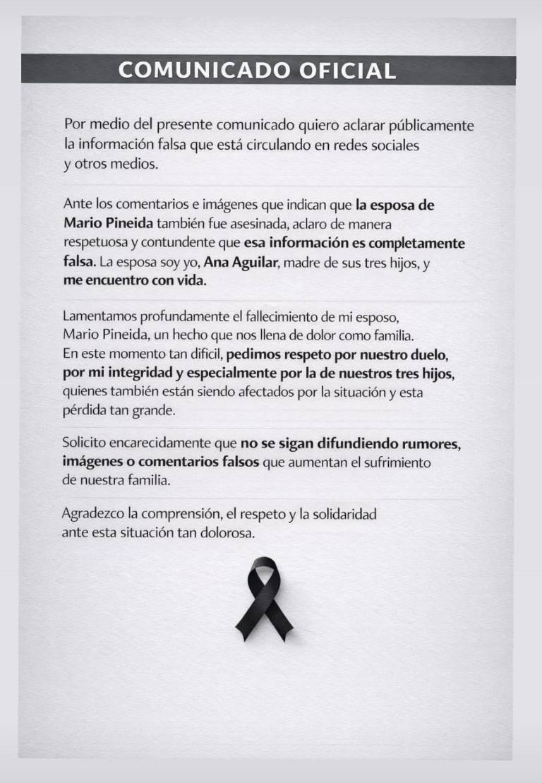 $!Comunicado de la esposa de Mario Pineida
