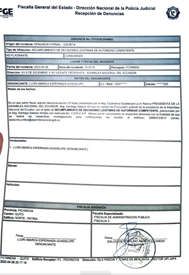 $!Guadalupe Llori denuncia en Fiscalía incumplimiento de la Asamblea, tras creación de comisión que la evaluará