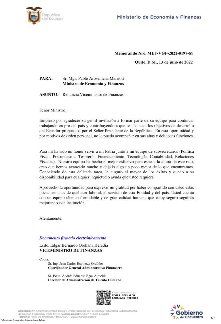 $!Renuncia viceministro de Finanzas, Bernardo Orellana