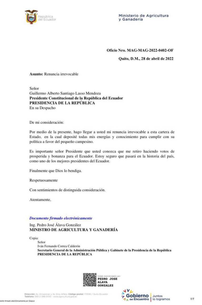 $!Pedro Álava renuncia al Ministerio de Agricultura