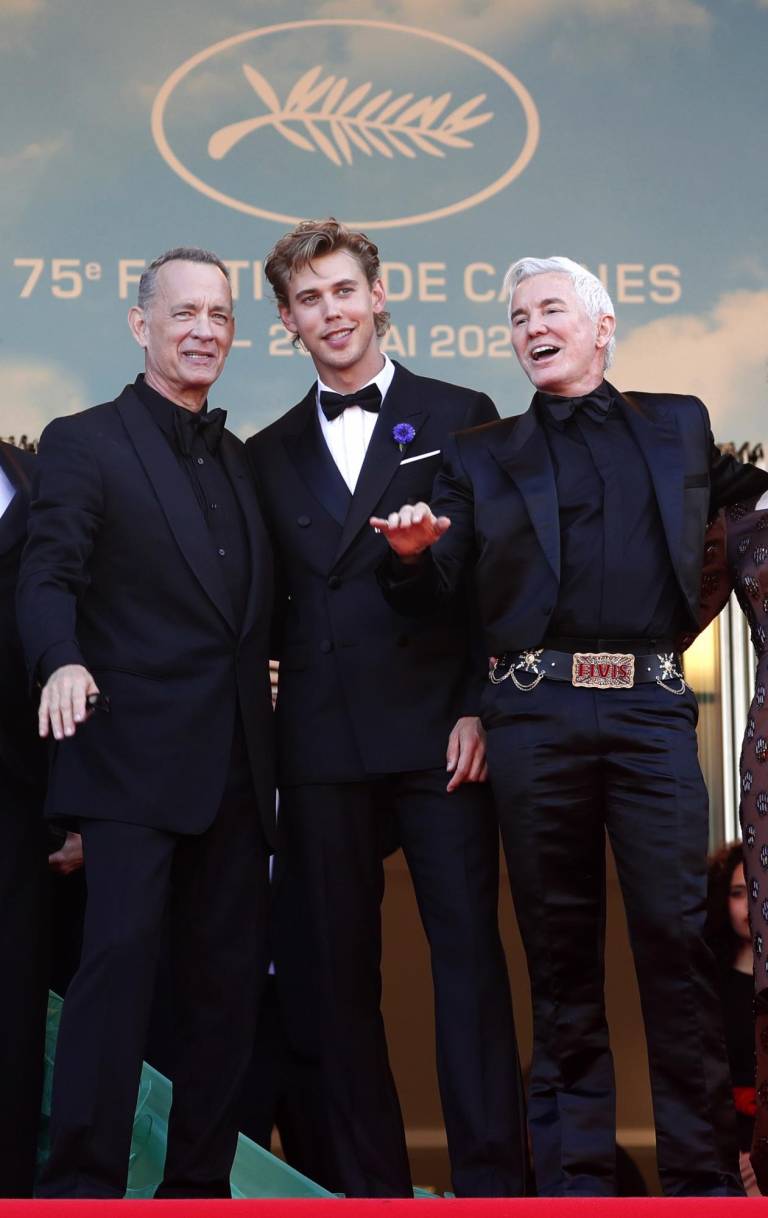 $!Tom Hanks, Austin Butler y Baz Luhrmann durante la presentación de Elvis en el 75 Festival de Cine de Cannes, Francia.