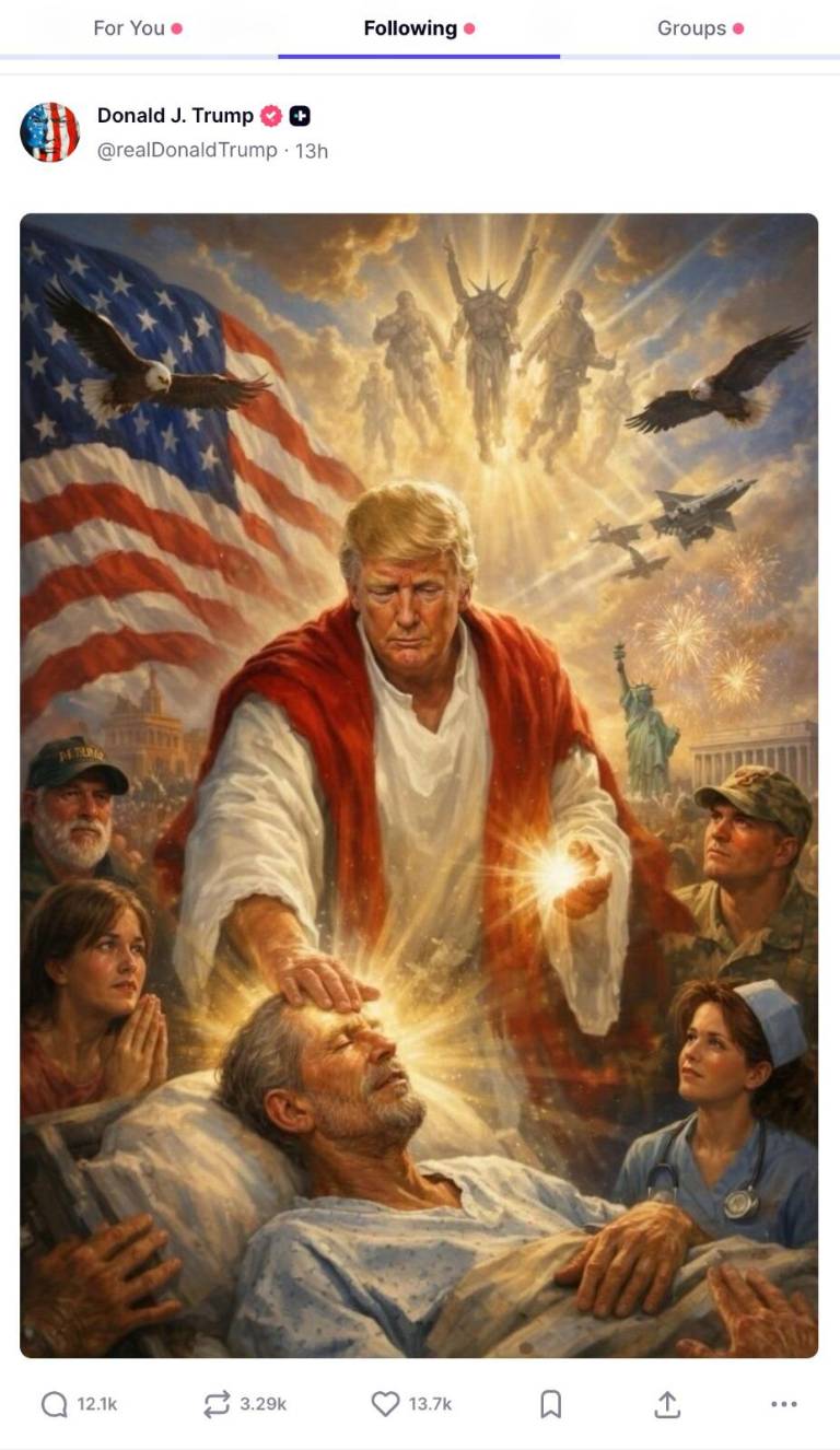 $!Publicación de Trump retratado como Jesús, sanando a un enfermo.