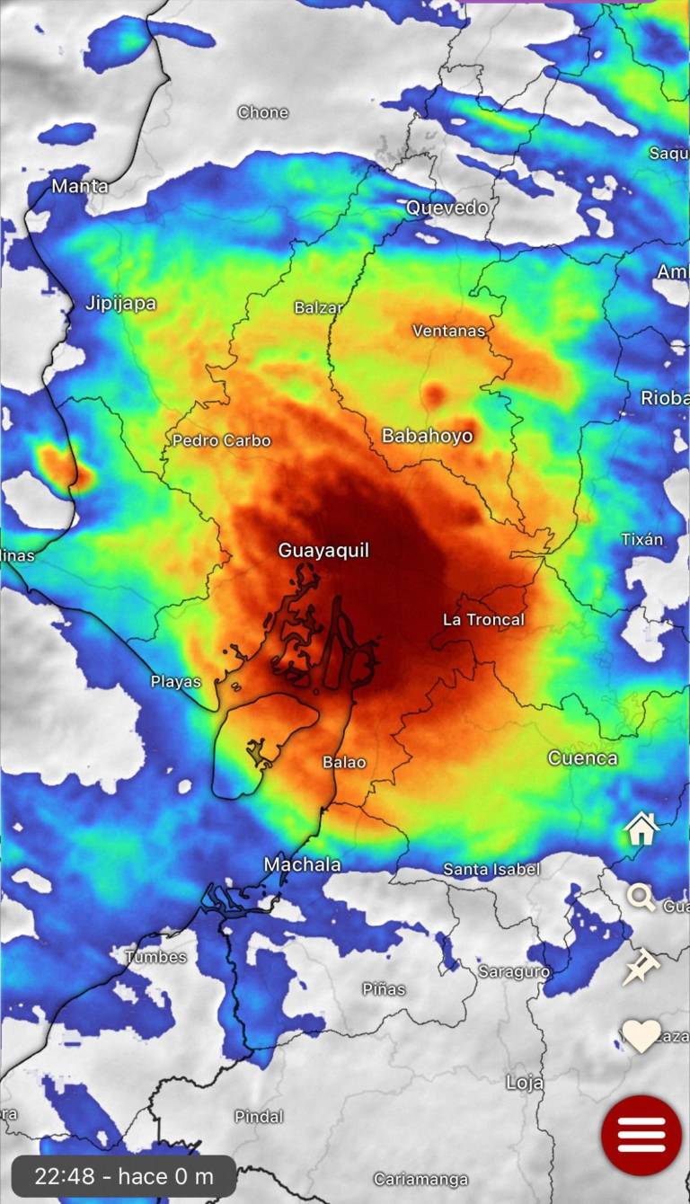 $!Imagen del monitoreo satelital de precipitaciones del INAMHI, el cual advirtió a las 23h00 que la lluvia se extenderá por varias horas.