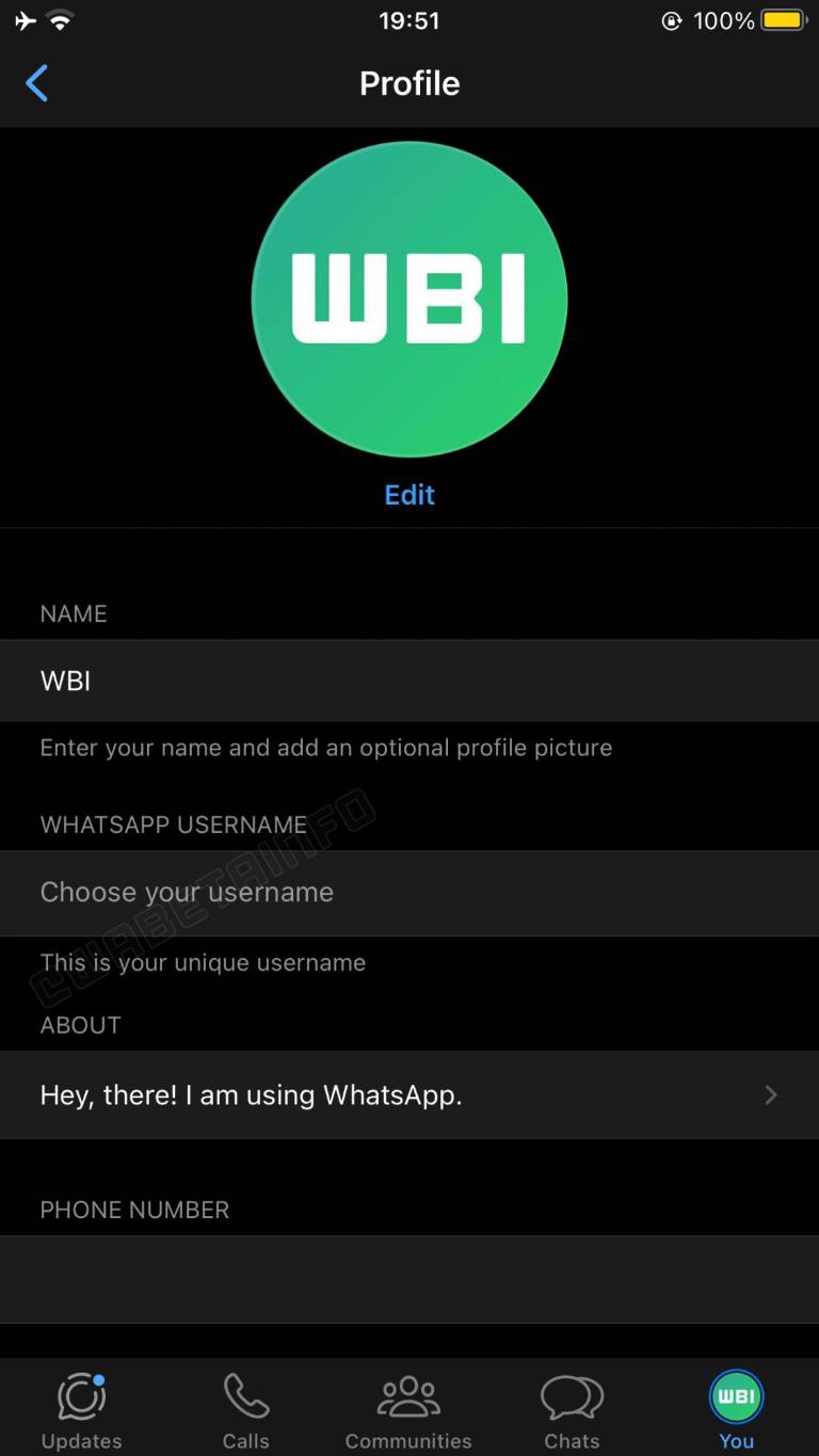 $!Captura compartida por WaBetaInfo. En la sección de WhatsApp Username, en el apartado de perfil de usuario, se podrá definir el nombre.