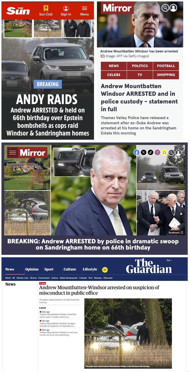 $!Combo de capturas de pantalla que muestran las distintas reacciones de la prensa británica sobre la detención del expríncipe Andrés, este jueves.