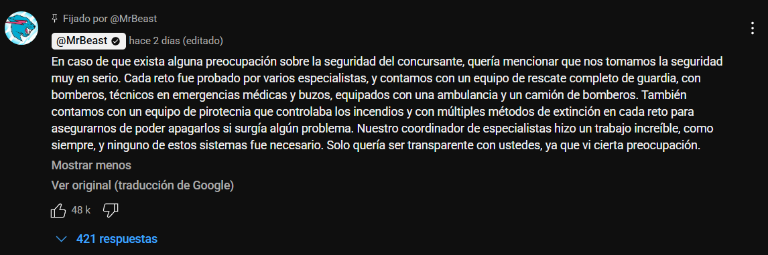 $!Mensaje fijado en el video de MrBeast. (Foto: Youtube/MrBeast.)