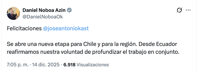 $!Noboa felicita a Kast.